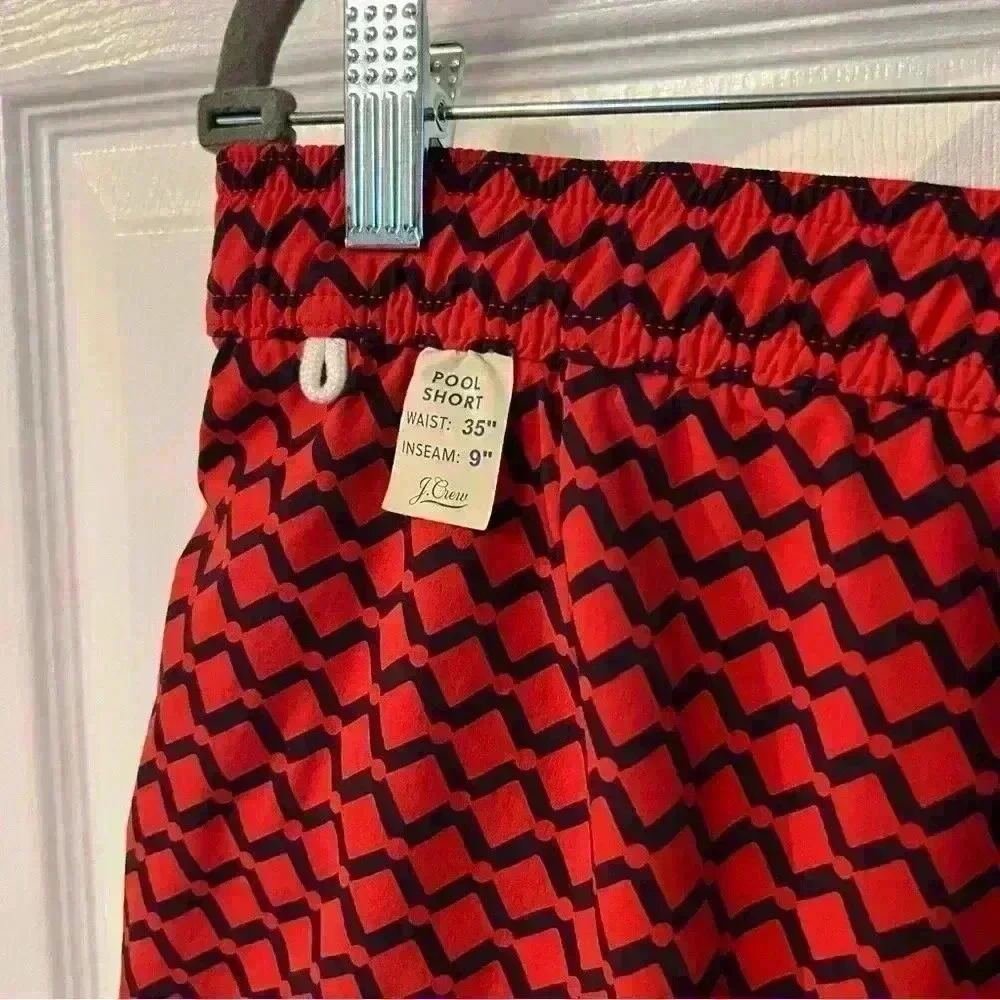 J Crew Men’s Swim Trunks Shorts Suit Geometric Patterned in Red and Navy Size 35